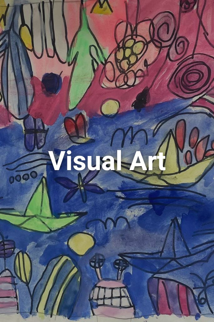 A colourful drawing paper boats in a stream created by a child. Text on the image says Visual Art Click on the image to learn more about this programme.