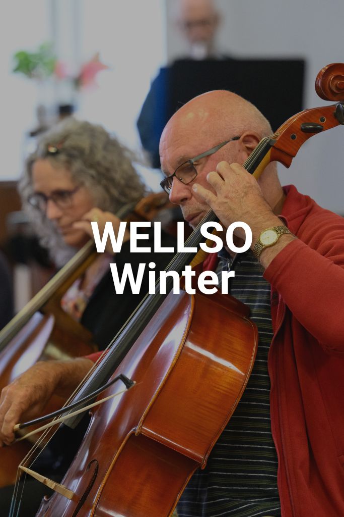 An adult cello player playing with the orchestra at Rata Studios in Wellington. Text on the image says WELLSO Winter. Click on the image to learn more about this programme.