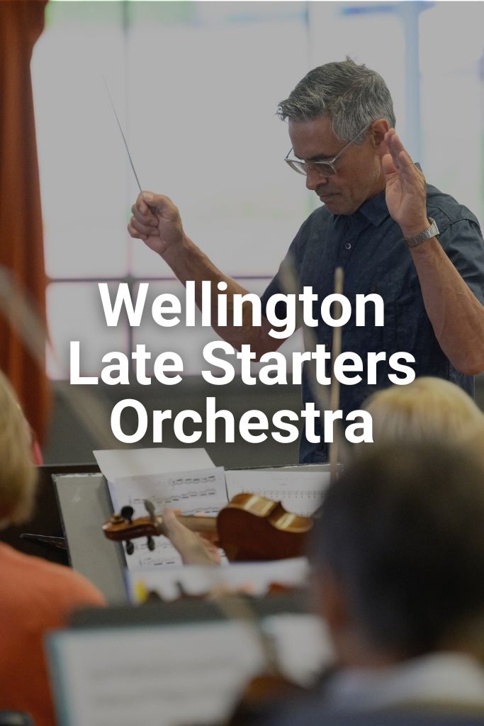 Man conducting an orchestra. Text reads Wellington Late Starters Orchestra. Click the image to learn more about this programme.