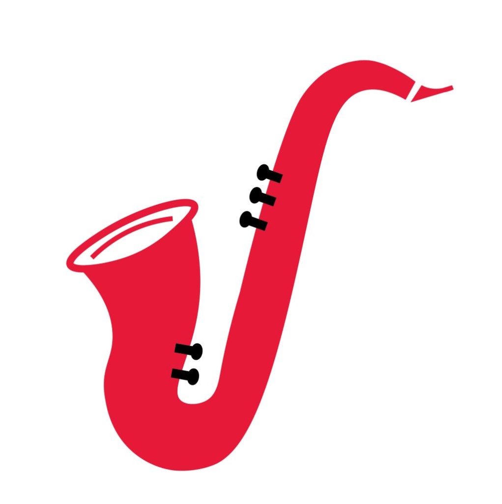 Black and red hand-drawn saxophone. Click for information about Woodwind Lessons.
