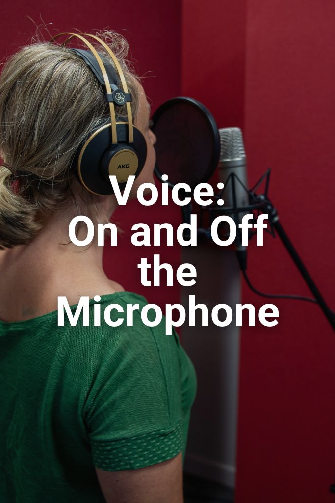 Woman speaking into a recording studio microphone. Text reads Voice: On and Off the Microphone. Click on the image to learn more about this programme.