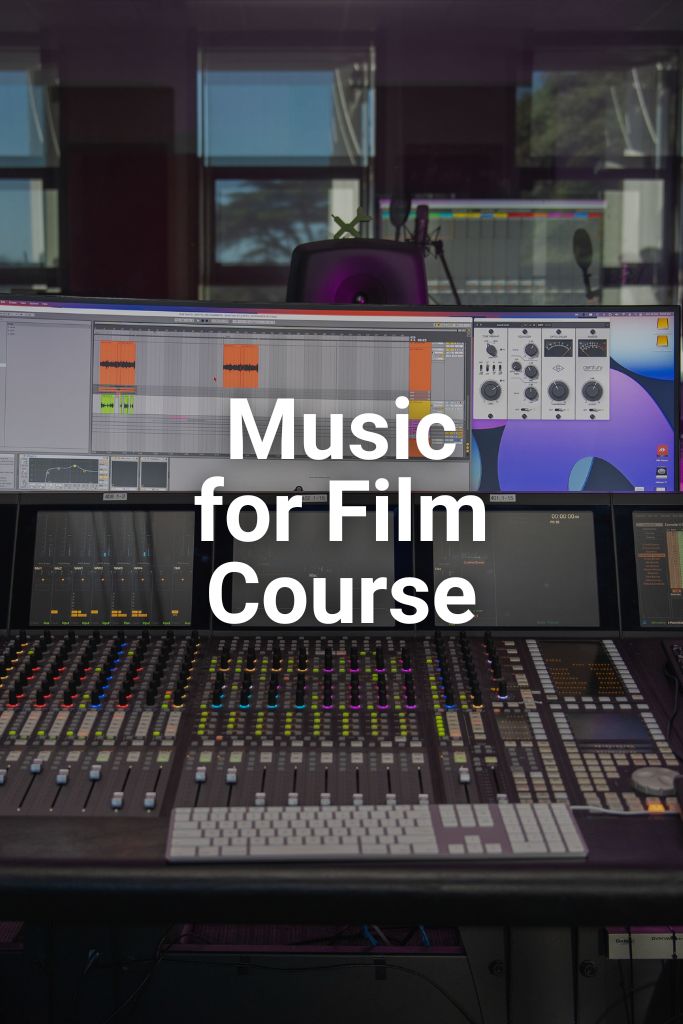 A music mixing desktop with ample knobs and faders. The text reads Music for Film Course. Click on this image to learn more.