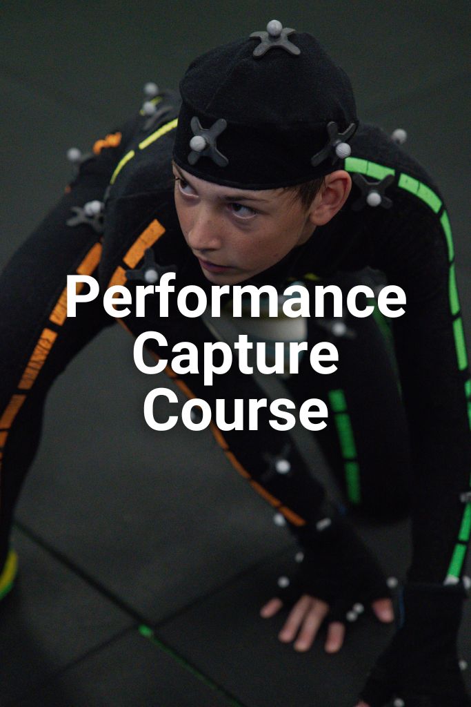 A boy wearing a motion capture suit crouches on the floor. The text says Performance Capture Course. Click on this image to learn more.