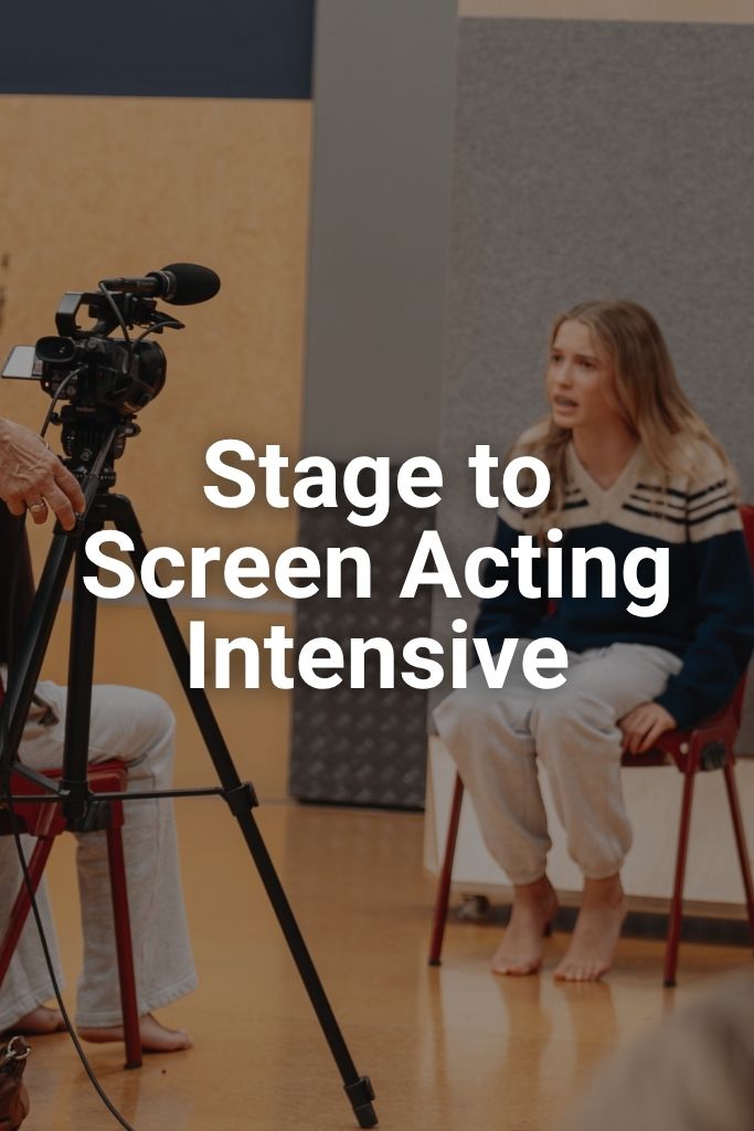 A girl sitting in a chair is facing a camera as she acts. Click on this button to learn more about the Stage to Screen Acting Intensive.